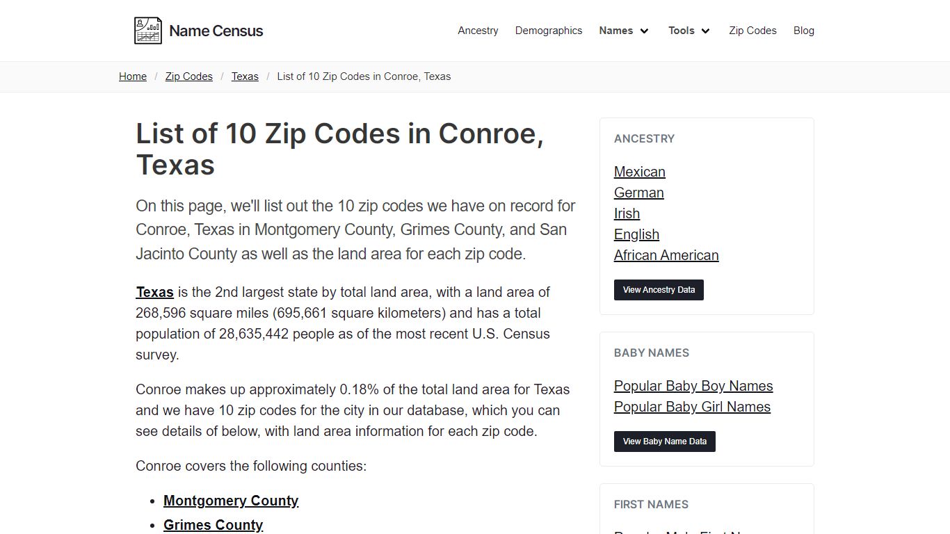 Conroe Zip Codes | List of 10 Zip Codes in Conroe, Texas - Name Census